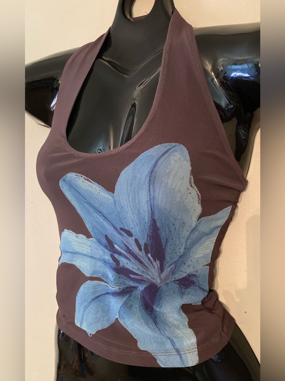 Blue Tiger Lilly Lined Mesh Halter Top with Brown Background